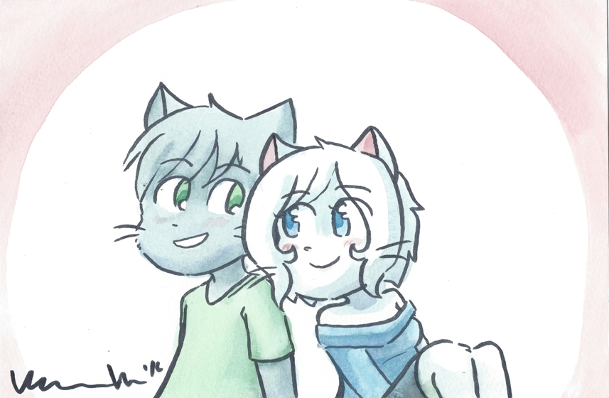 Candybooru image #11233, tagged with Hair_Lucy Hair_Mike Lucy Mike MikexLucy Taeshi_(Artist) commission watercolor